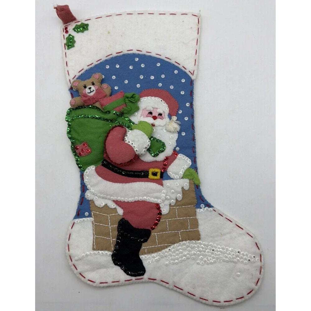 Christmas Stocking felt Hand stitched Down The Chimney finished bucilla